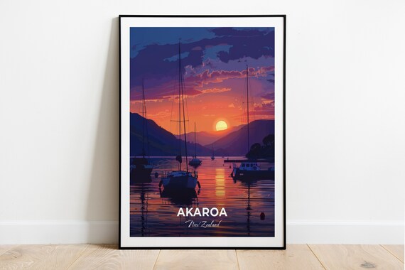 Akaroa New Zealand Sunset Harbor With Anchored Sailboats Travel Poster