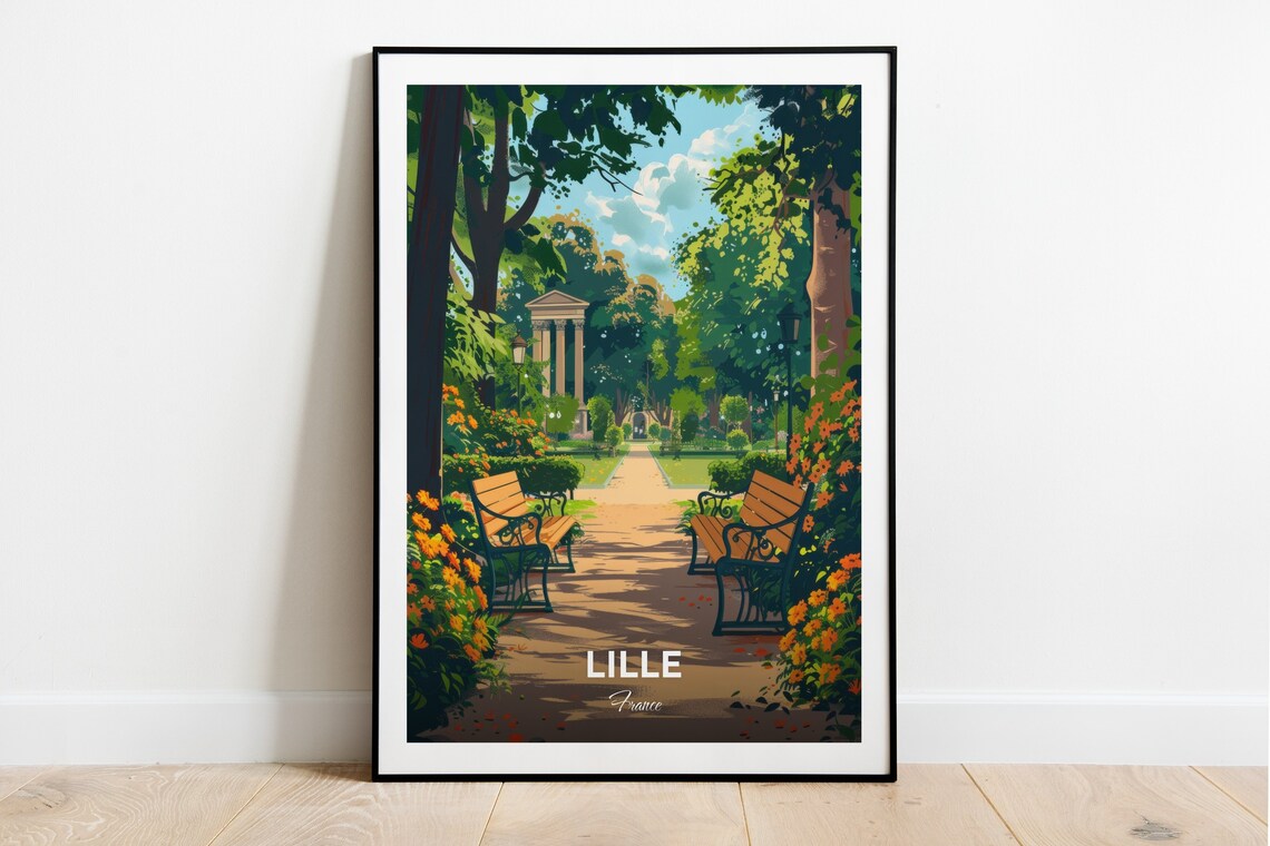 Lille France Park Garden Benches Flower Beds Pavilion Travel Poster