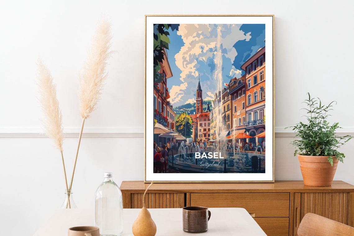 Basel Switzerland Old Town Square Fountain Cafe Scene Travel Poster - Image 3