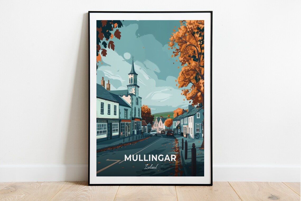 Mullingar Ireland Autumn Street with Clock Tower Vintage Travel Poster
