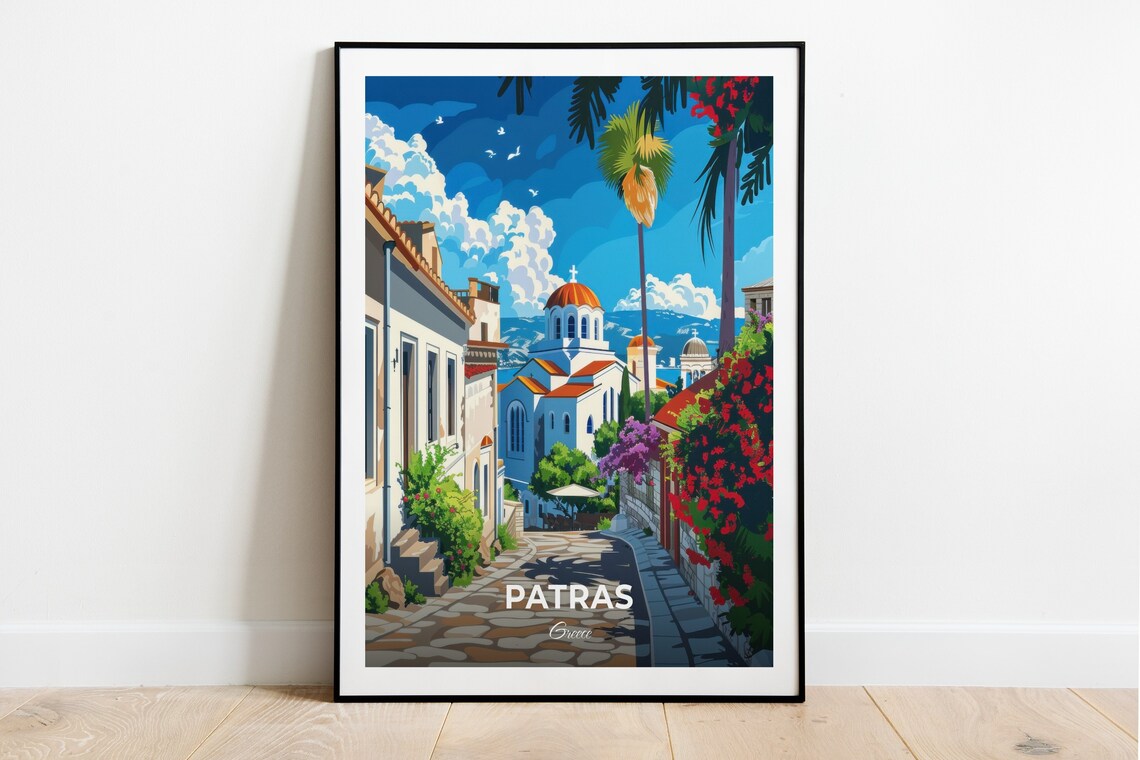 Patras Greece Old Town Street Leading to a Domed Church Poster