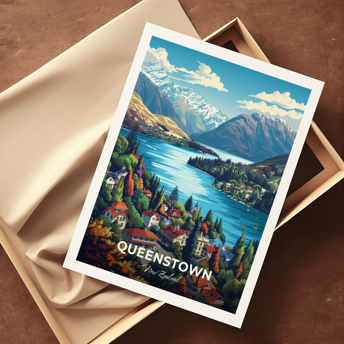 Queenstown Lake Wakatipu Snowy Peaks Lakeside Town Travel Poster - Image 3