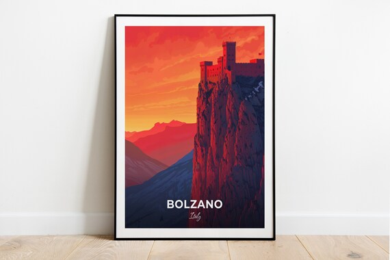 Bolzano Castle Atop Rocky Cliff Red Sunset Italy Mountain Travel Poster