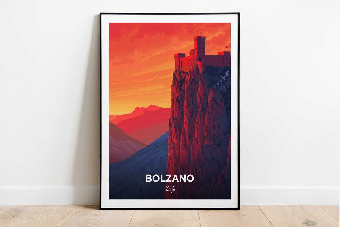Bolzano Castle Atop Rocky Cliff Red Sunset Italy Mountain Travel Poster