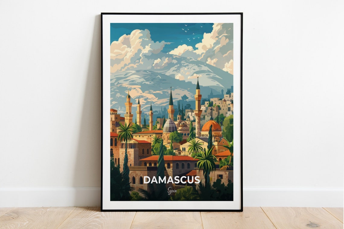 Damascus Old City Minarets Domes Mountain Backdrop Syria Travel Poster