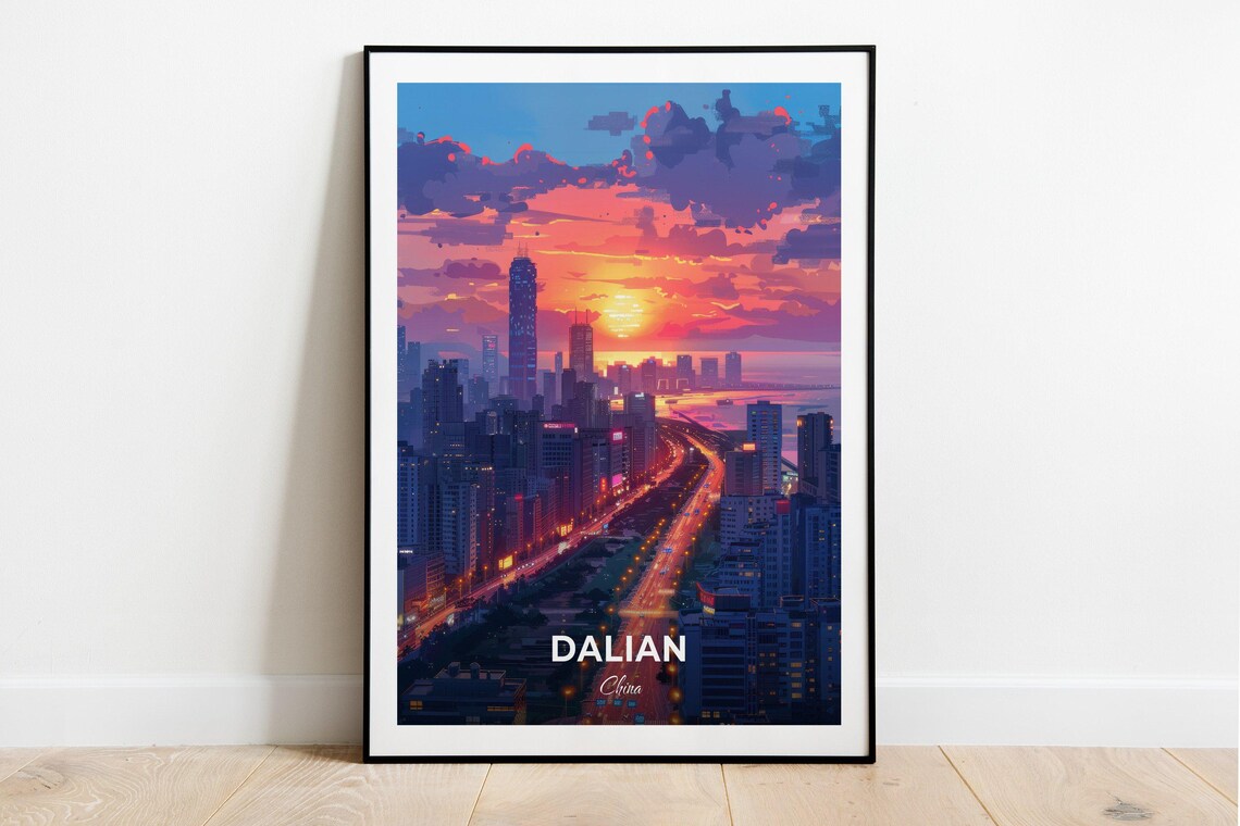 Dalian China Night Skyline Sunset Coastline City Glow Poster