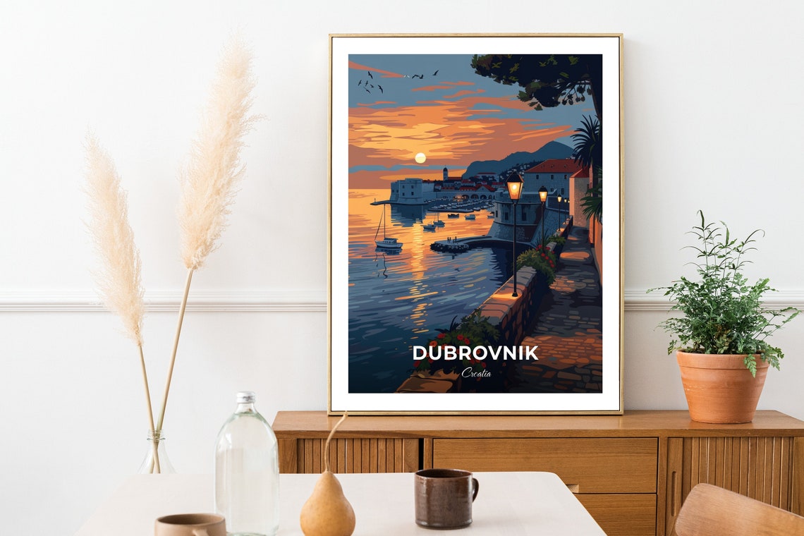 Dubrovnik Croatia Walled Old Town Golden Sunset Harbor Poster - Image 2