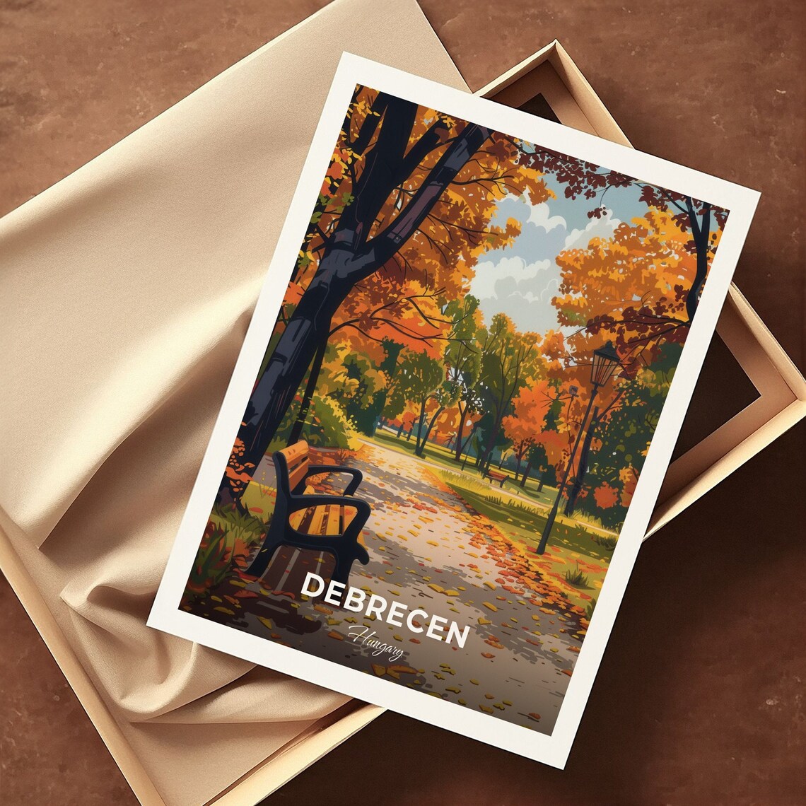 Debrecen Hungary Golden Autumn Park Path Bench Travel Art Poster - Image 3