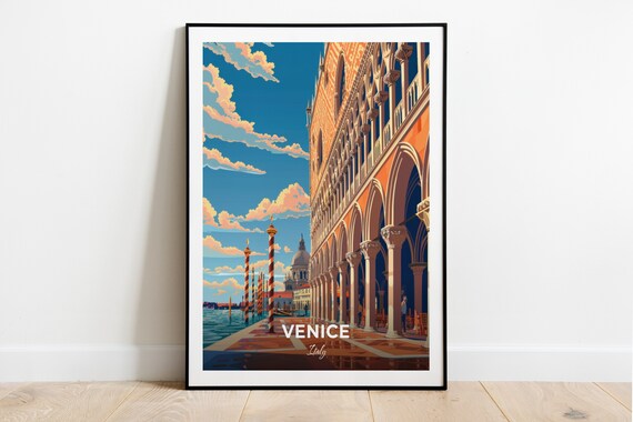 Venice Doges Palace Waterfront Arcade Italy Landmark Vintage Travel Poster