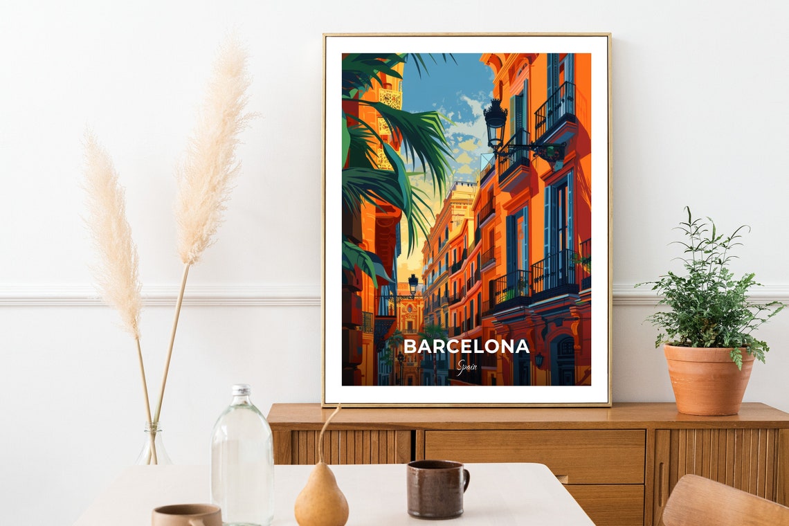 Barcelona Spain Old Town Orange Facades Street Scene Travel Poster - Image 2
