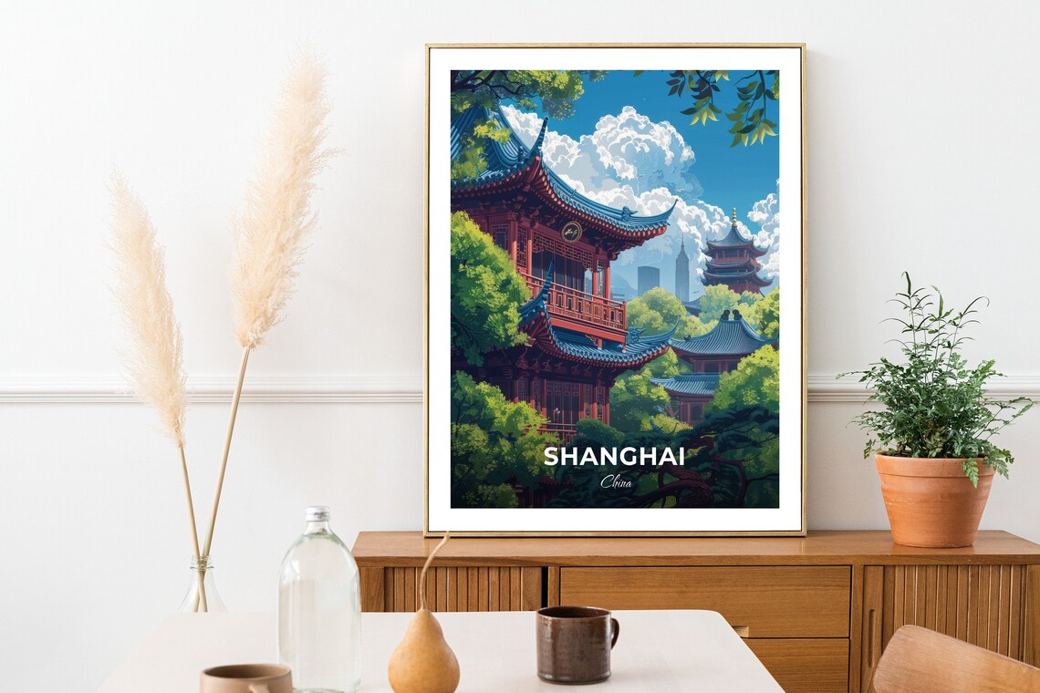 Shanghai Traditional Chinese Pavilion Garden Historic Travel Art Poster - Image 2