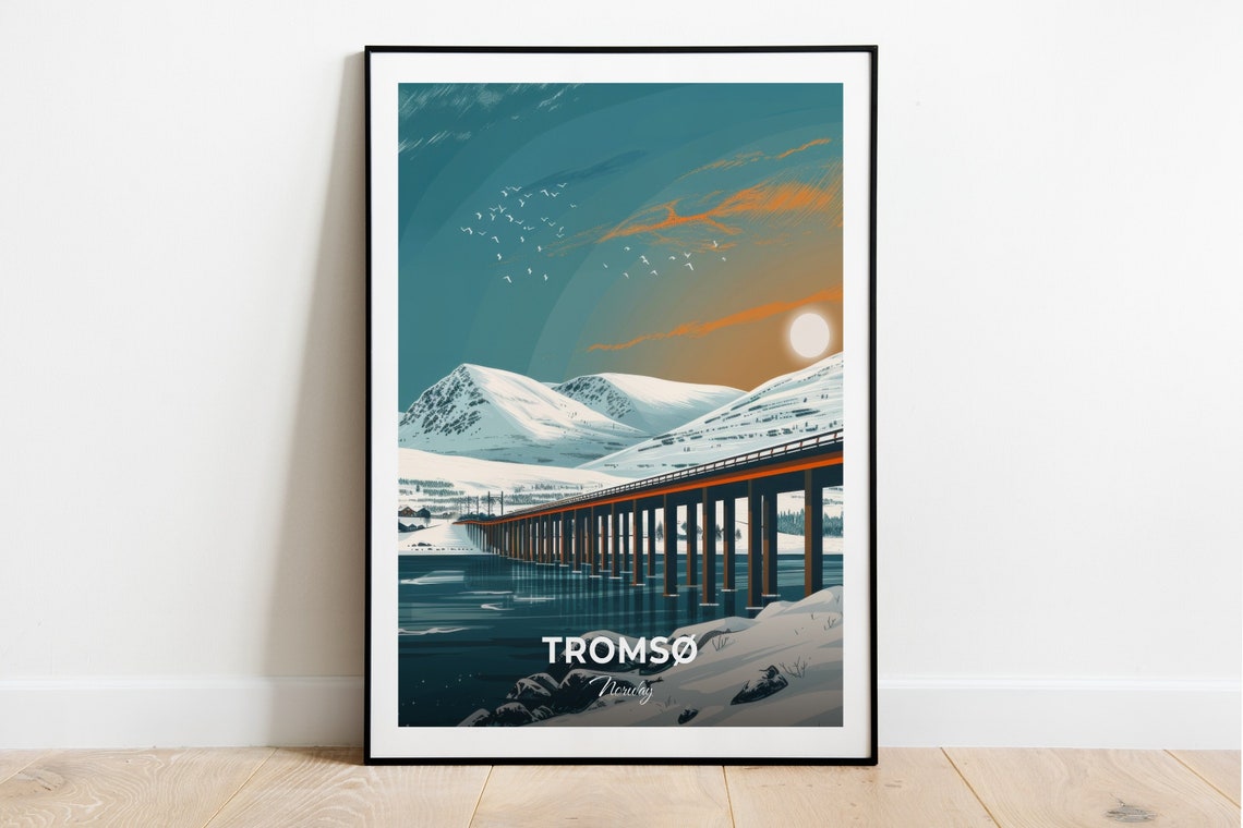 Tromso Norway Bridge Arctic Dusk Snowy Mountains Travel Poster