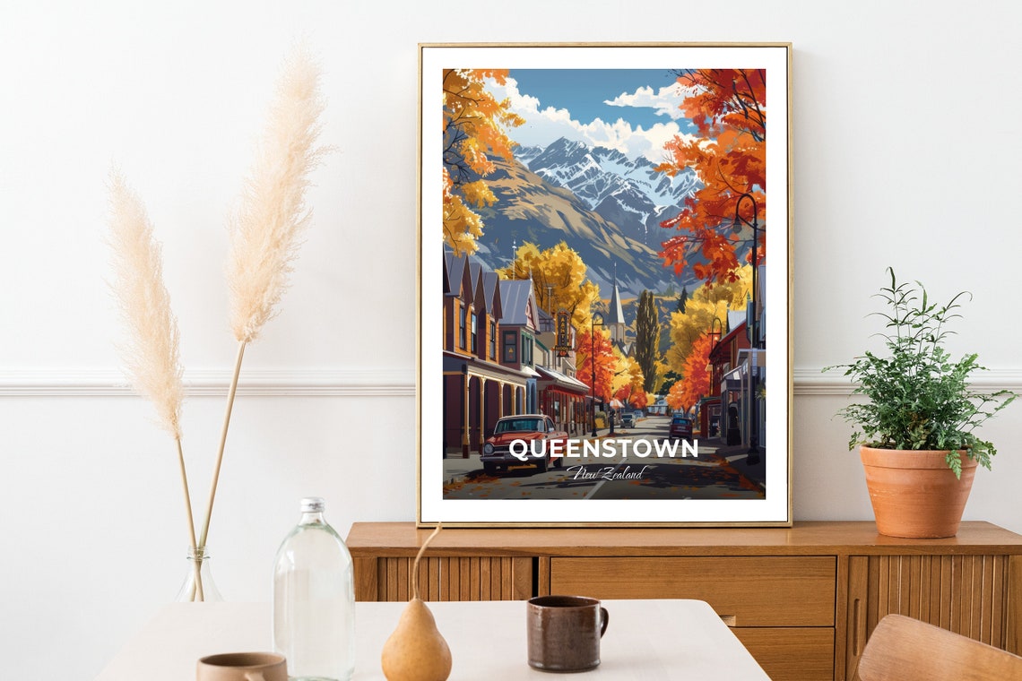 Queenstown Arrowtown Autumn Street Red Car Mountain Travel Poster - Image 2