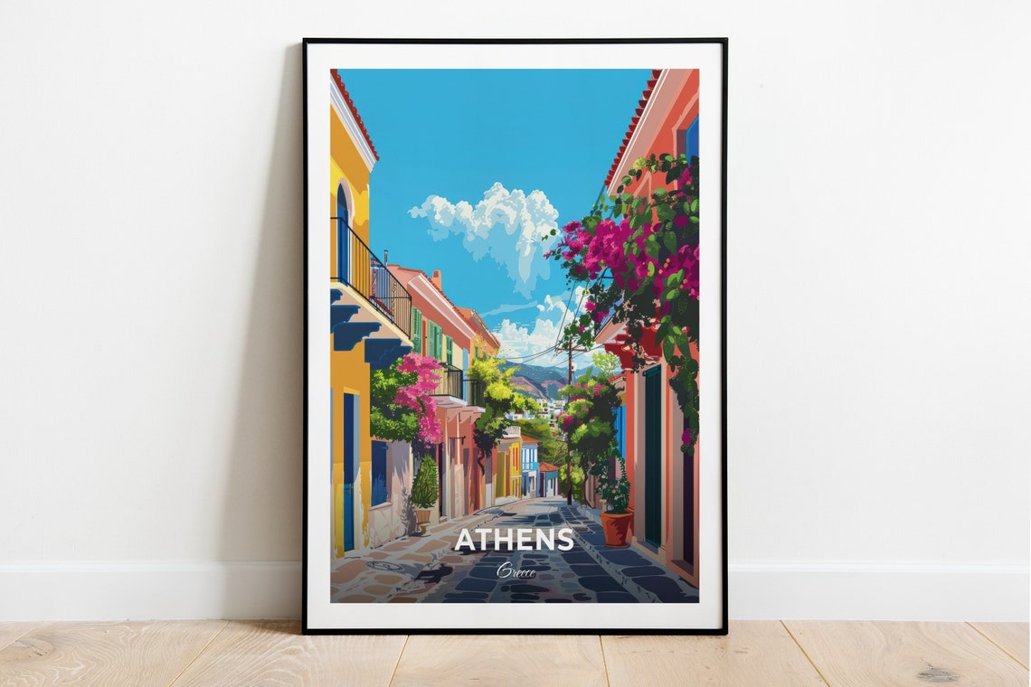 Athens Greece Plaka Street Lined with Bougainvillea Travel Poster