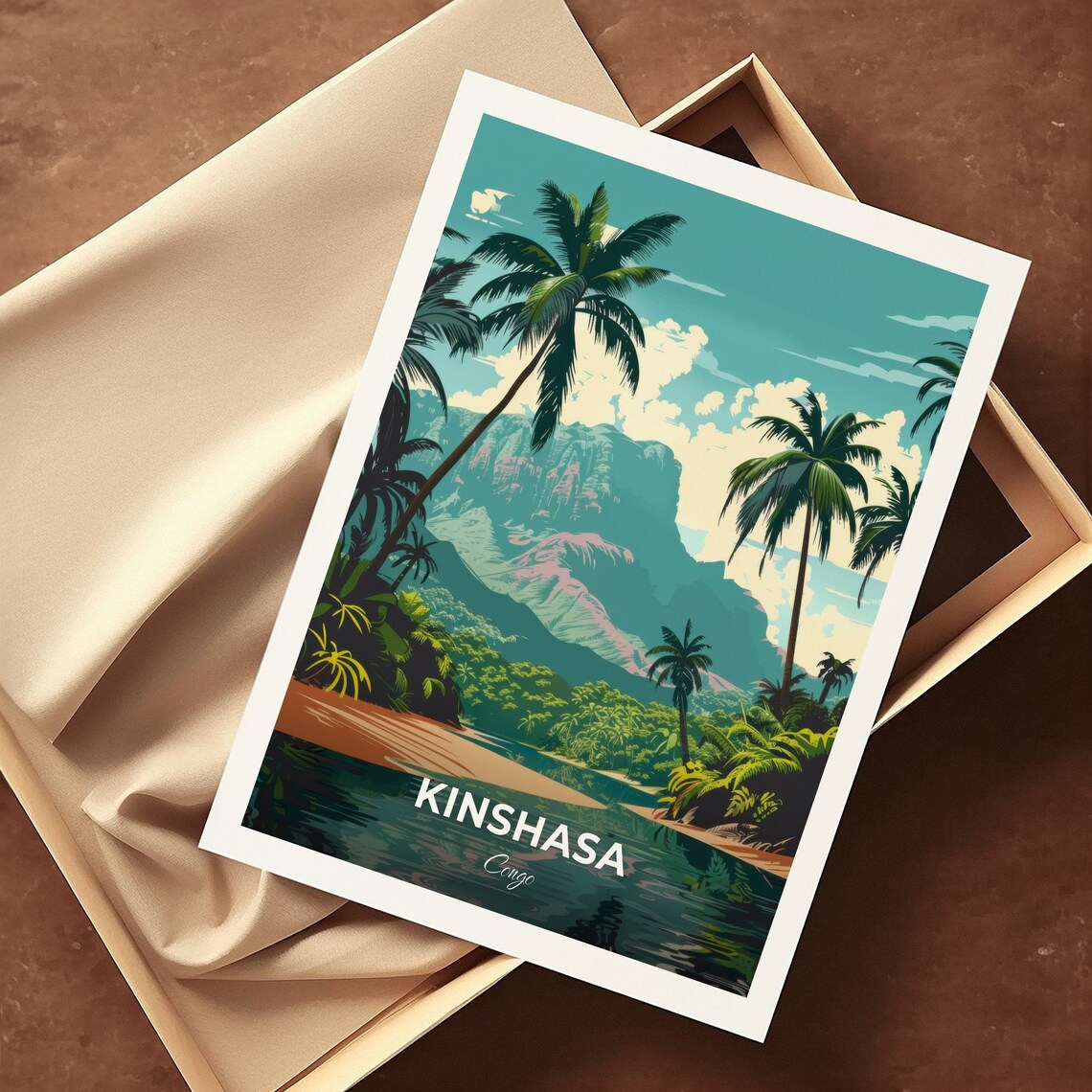 Kinshasa Mount Mangengenge River Palms Mountain Cliffs Congo Travel Poster - Image 3