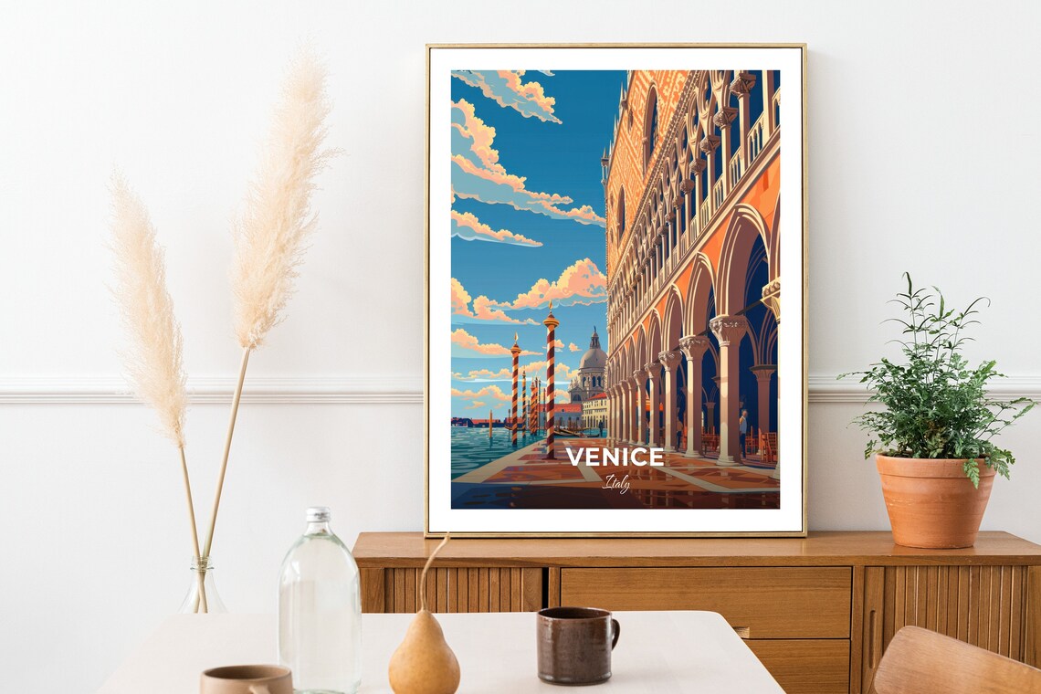 Venice Doges Palace Waterfront Arcade Italy Landmark Vintage Travel Poster - Image 2