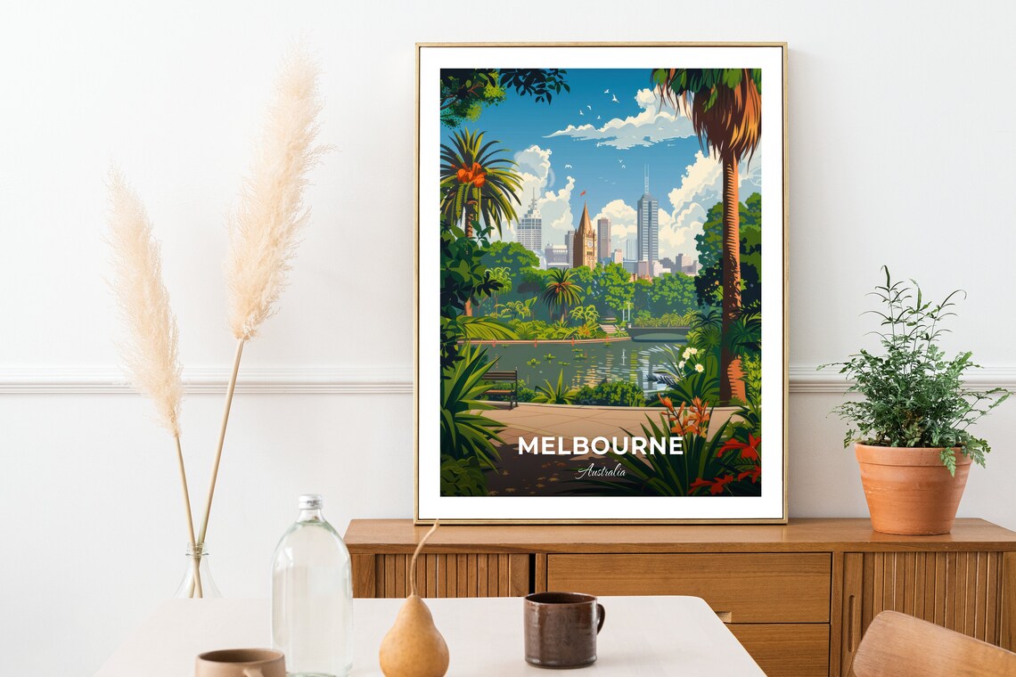 Melbourne Australia Royal Botanic Gardens Skyline Travel Poster - Image 2