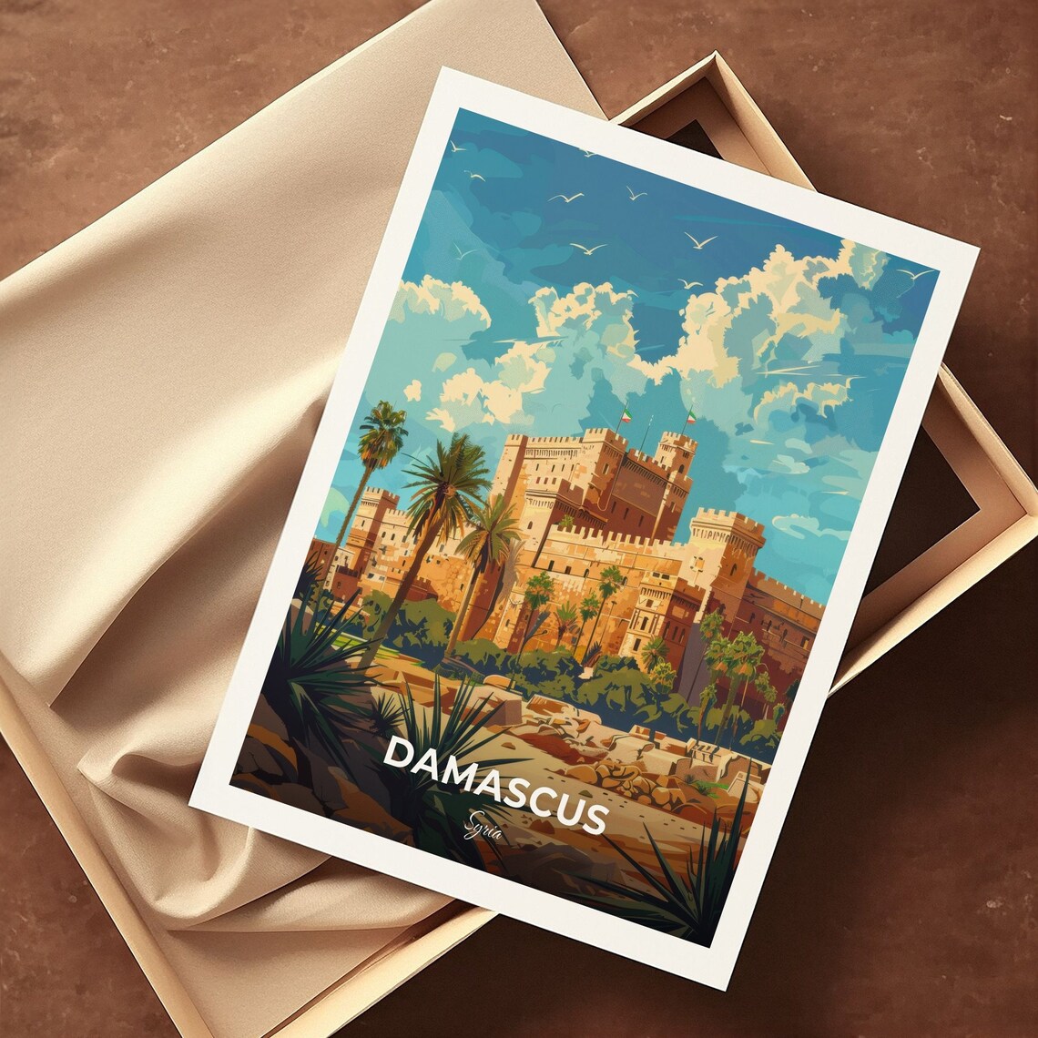 Damascus Citadel Ancient Fortress Palms Historic Walls Syria Travel Poster - Image 3