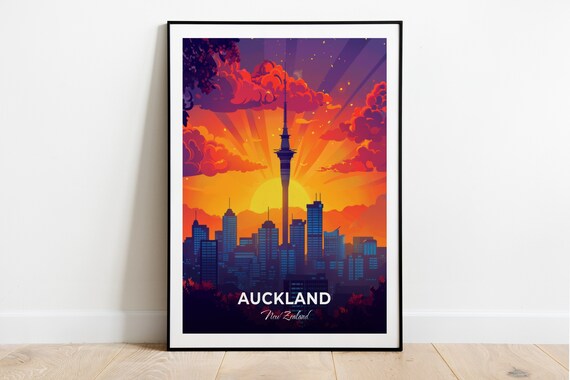 Auckland New Zealand Sky Tower Skyline Under Golden Sunset Poster