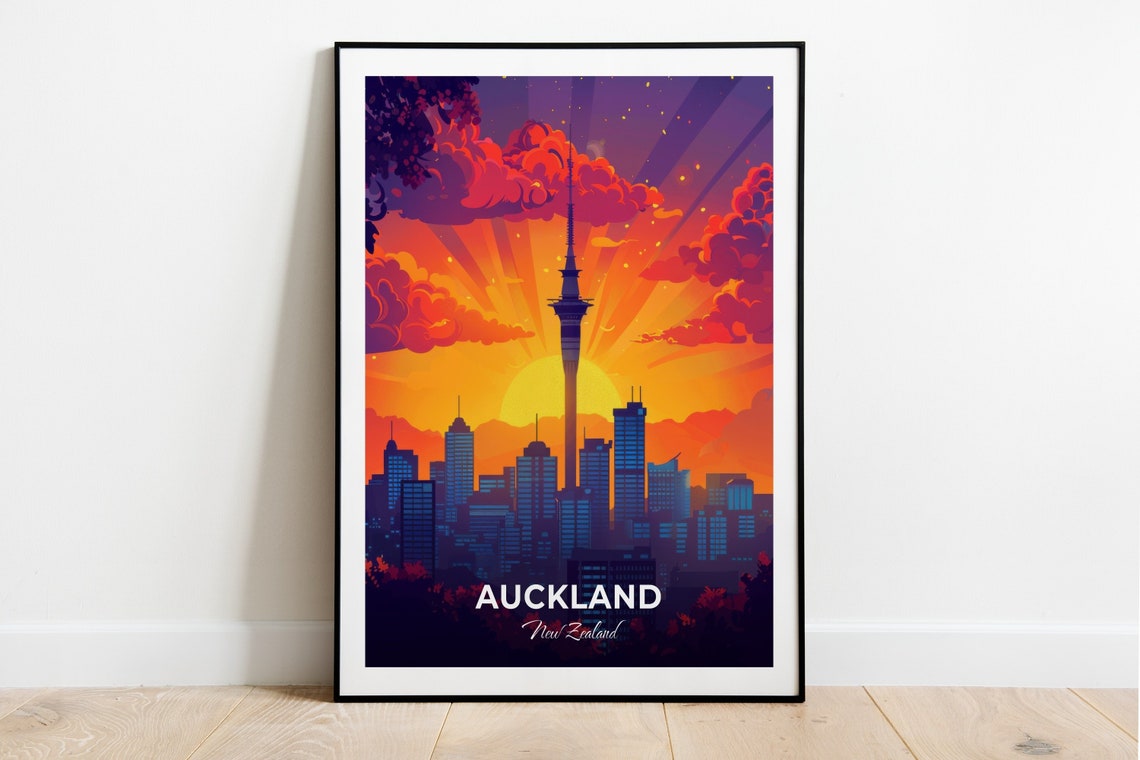 Auckland New Zealand Sky Tower Skyline Under Golden Sunset Poster