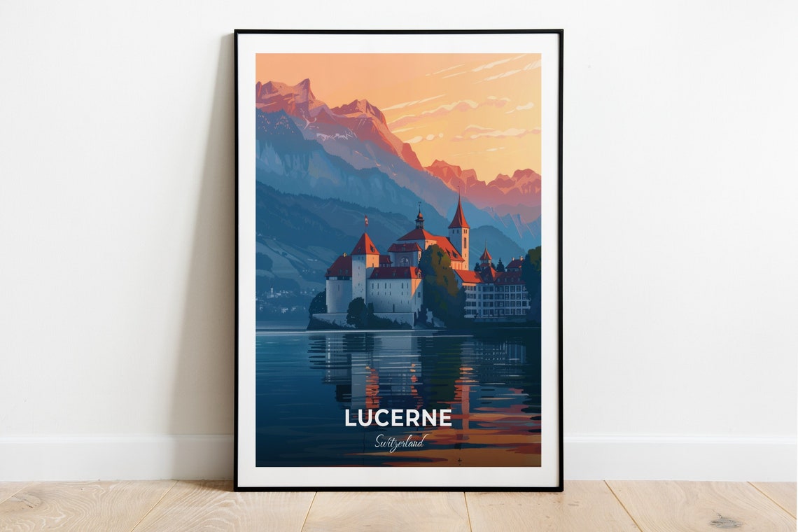 Lucerne Switzerland Travel Poster Lakeside Old Town Sunset Artwork