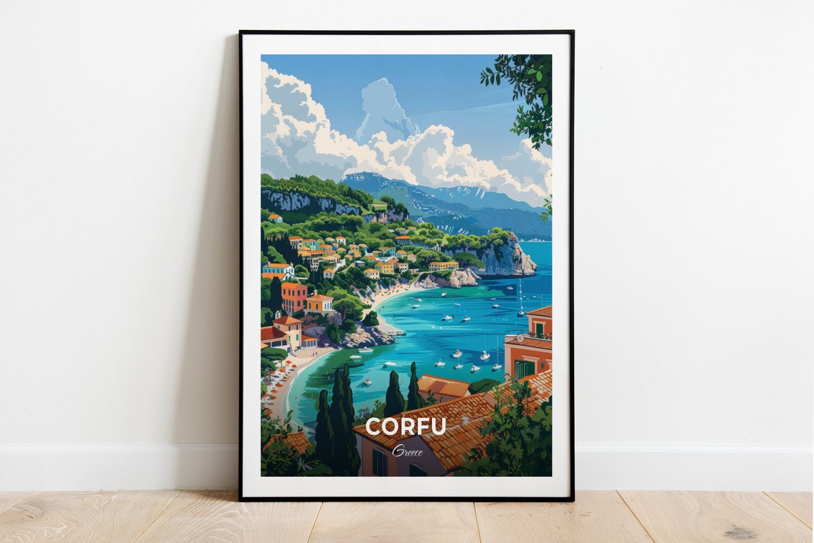 Corfu Greece Turquoise Bay Beach Town Mediterranean Travel Poster
