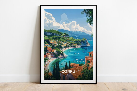 Corfu Greece Turquoise Bay Beach Town Mediterranean Travel Poster