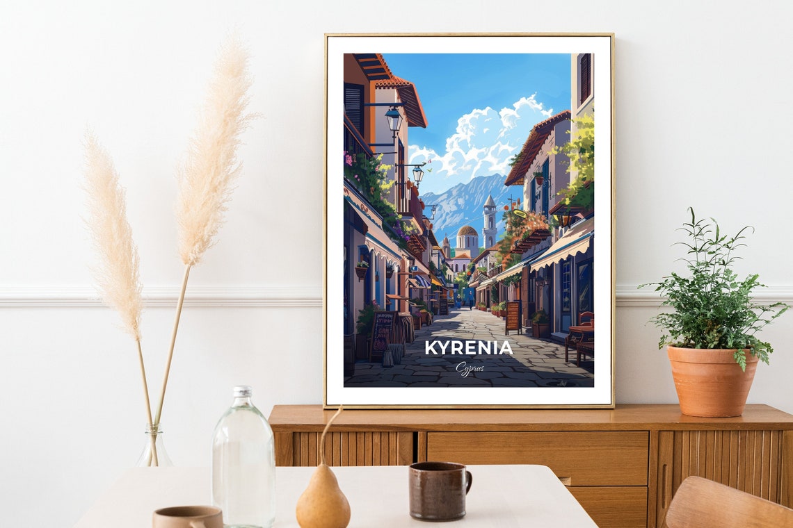 Kyrenia Cyprus Old Bazaar Street Shops Mountain View Travel Poster - Image 2