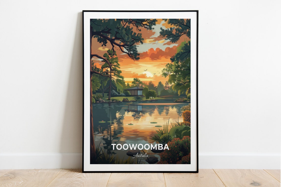 Toowoomba Australia Sunset Lake Reflection and Lily Pads Travel Poster