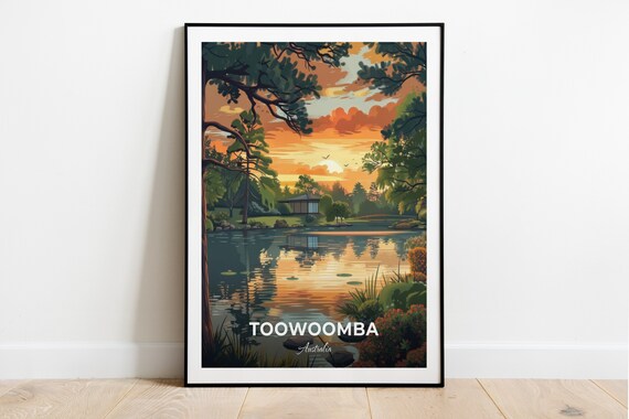 Toowoomba Australia Sunset Lake Reflection and Lily Pads Travel Poster