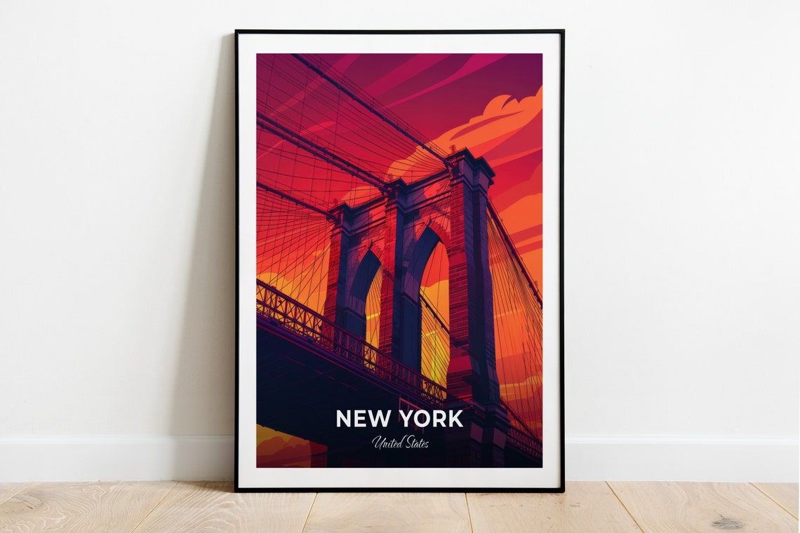 New York Brooklyn Bridge Sunset Travel Poster Fiery Skyline Artwork