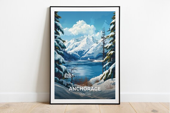 Anchorage Alaska Snowy Mountains Lake Pine Forest Travel Poster