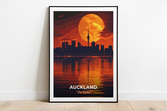 Auckland Sky Tower Sunset Skyline Over The Harbour Travel Poster