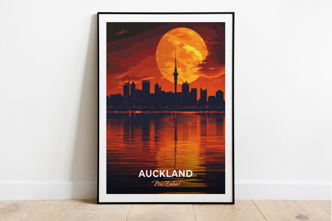 Auckland Sky Tower Sunset Skyline Over The Harbour Travel Poster