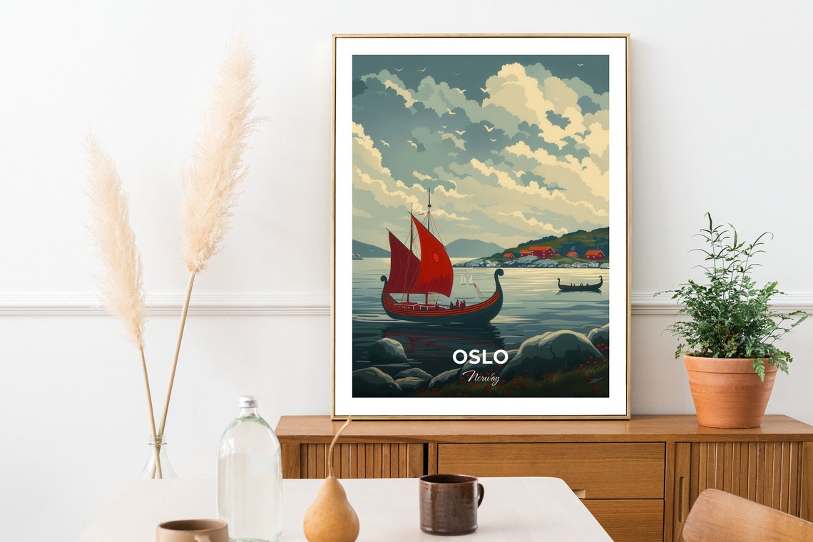 Oslo Viking Ship with Red Sails on the Glassy Fjord Travel Poster - Image 2
