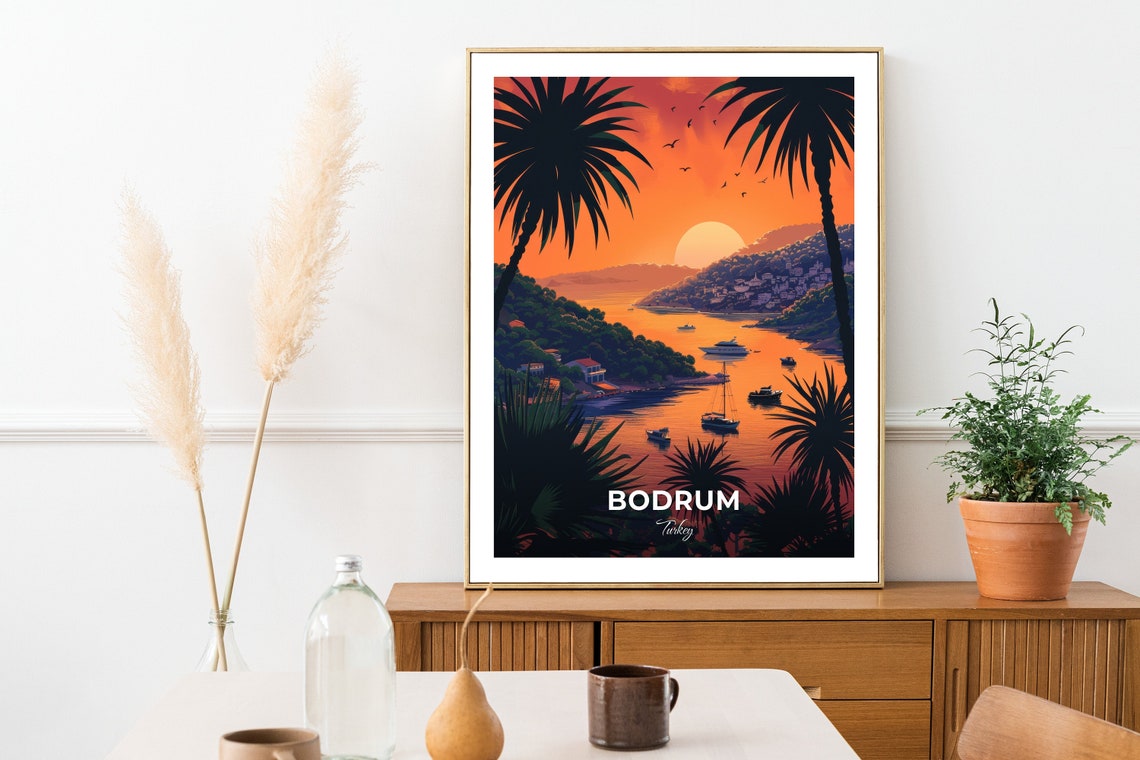Bodrum Turkey Gundogan Palm Framed Orange Sunset Harbor Poster - Image 3