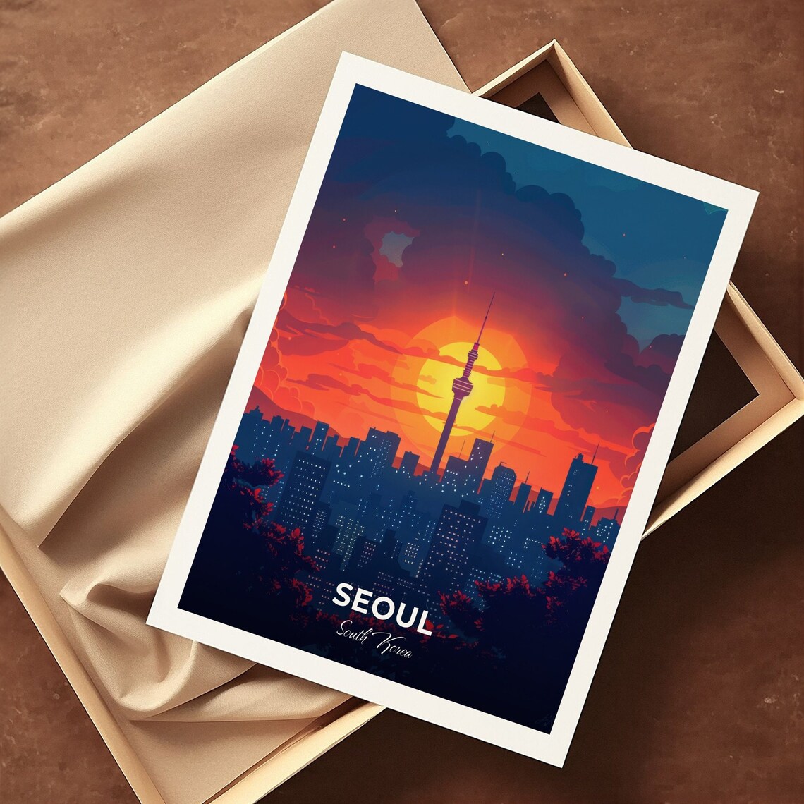 Seoul N Seoul Tower Fiery Orange Sunset City Skyline Travel Poster - Image 3