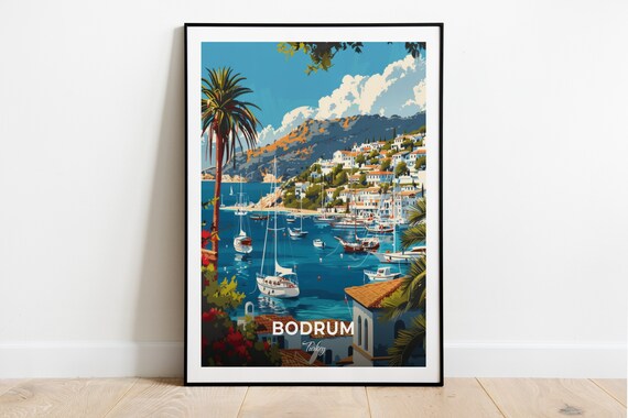 Bodrum Harbour Sailboats Hillside Turkey Coast Vintage Travel Poster