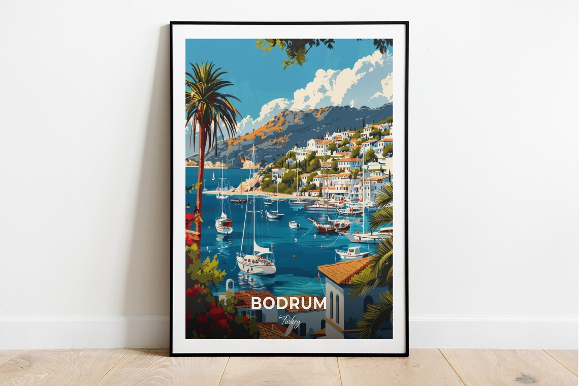 Bodrum Harbour Sailboats Hillside Turkey Coast Vintage Travel Poster