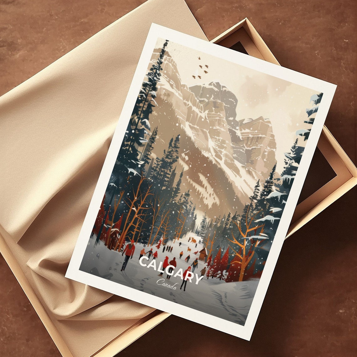 Calgary Canada Snowy Mountain Valley Hikers Winter Travel Poster - Image 3