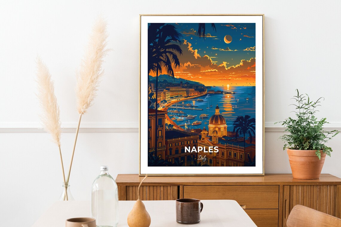 Naples Italy San Carlo Theatre Bay Sunset Vintage Travel Poster - Image 2