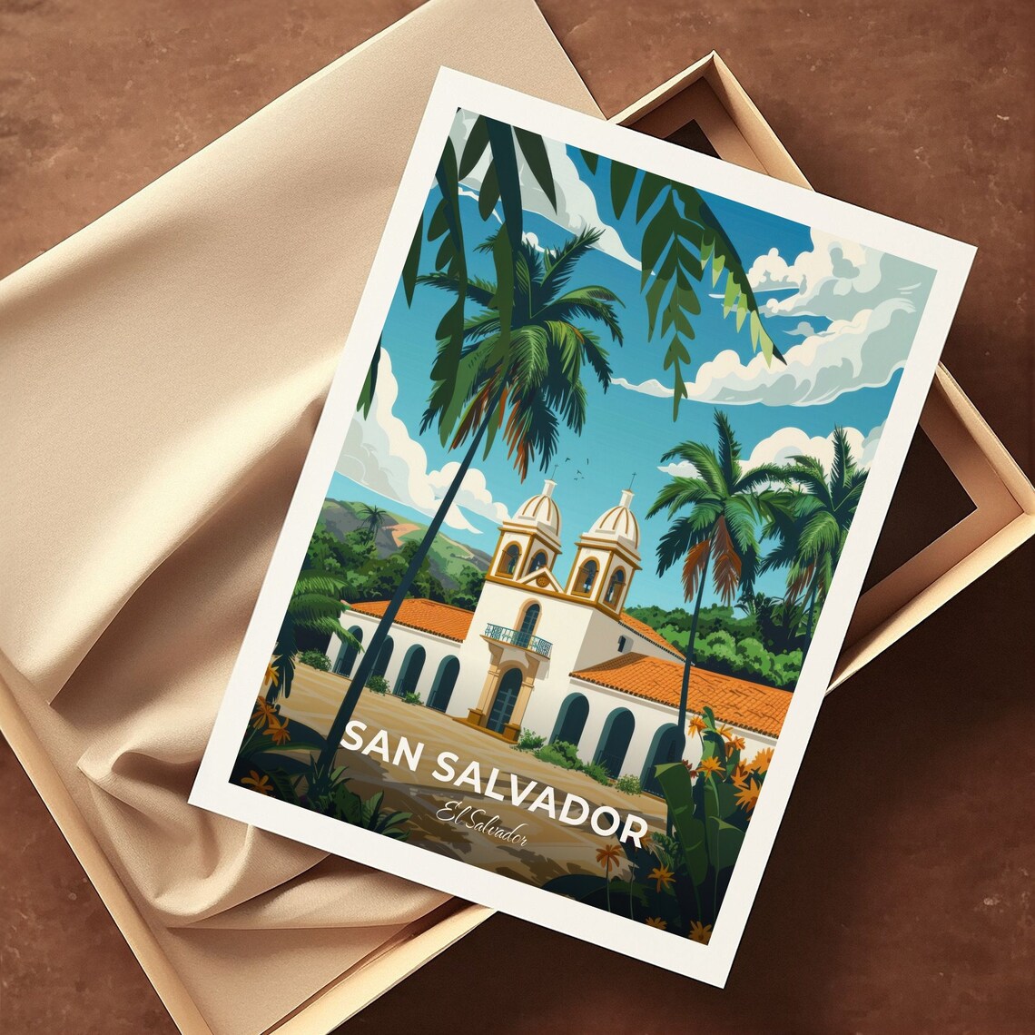 San Salvador Colonial Church Twin Bell Towers Palm Travel Poster - Image 3