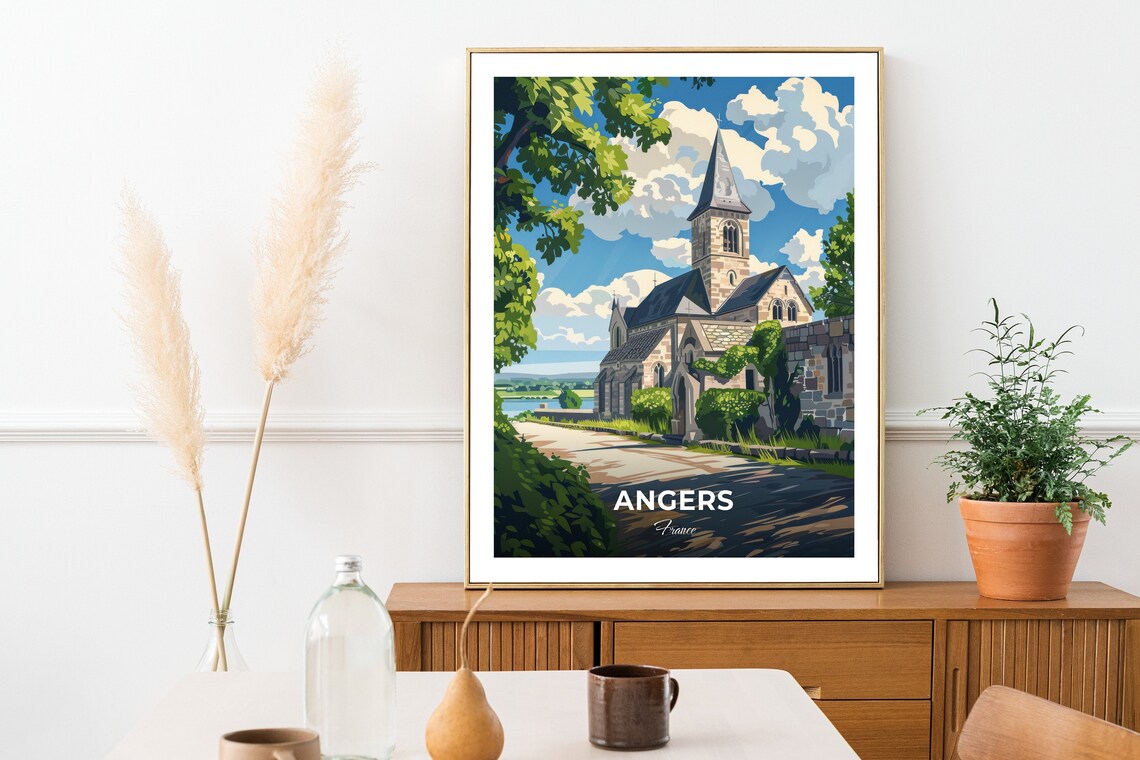 Angers France Stone Abbey Church Sunny Garden Landscape Travel Poster - Image 2