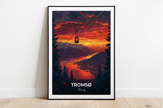 Tromso Norway Fjellheisen Cable Car Arctic Sunset Travel Poster