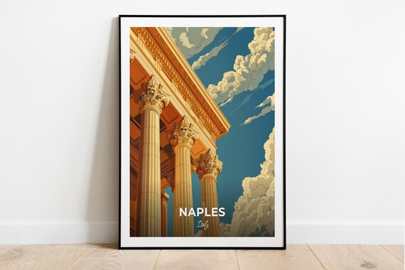 Naples Italy Archaeological Museum Columns Vintage Travel Poster