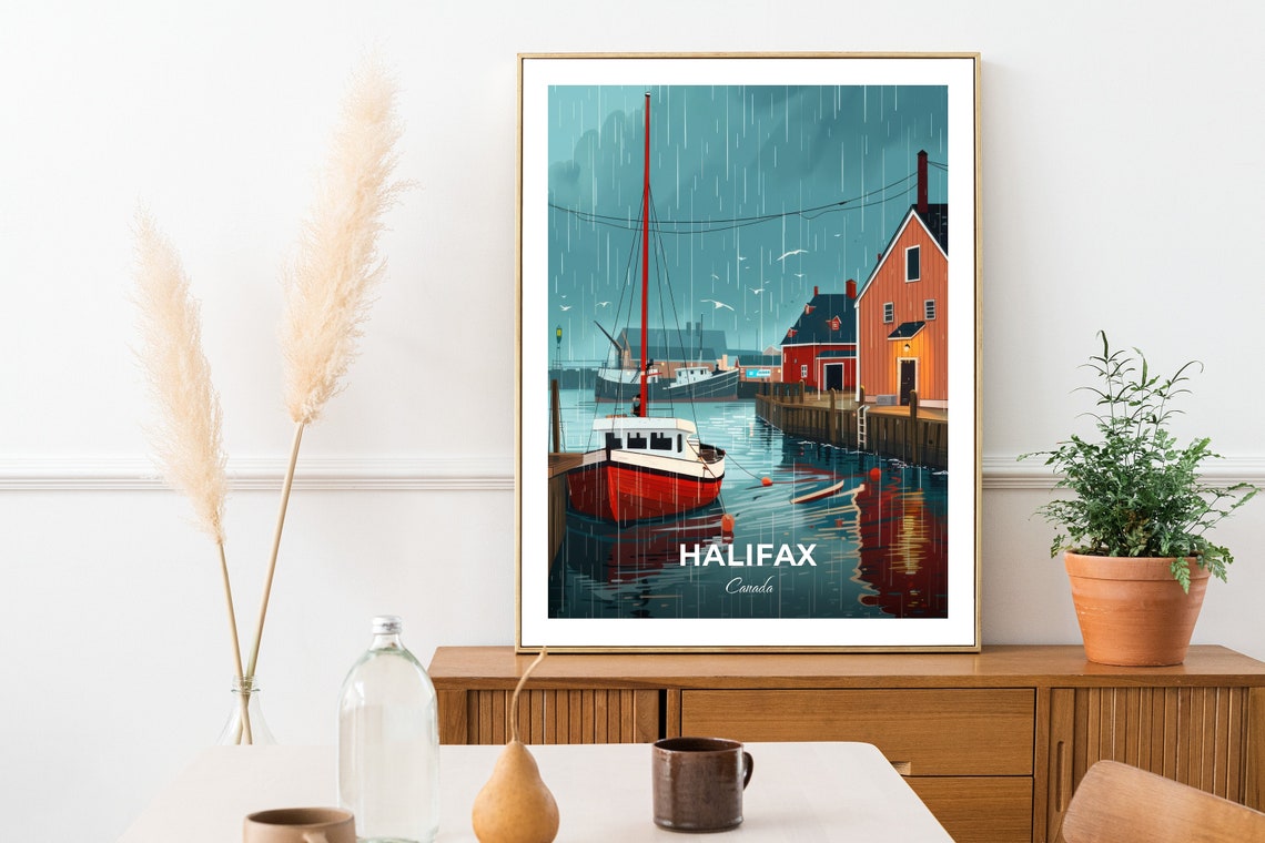Halifax Canada Rainy Harbor Red Boat Maritime Scene Travel Poster - Image 2