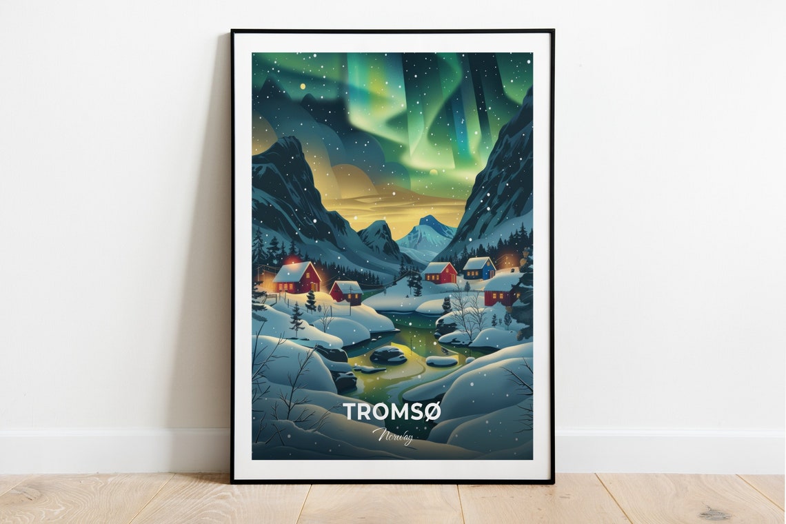 Tromso Norway Northern Lights Over Snowy Village Winter Poster