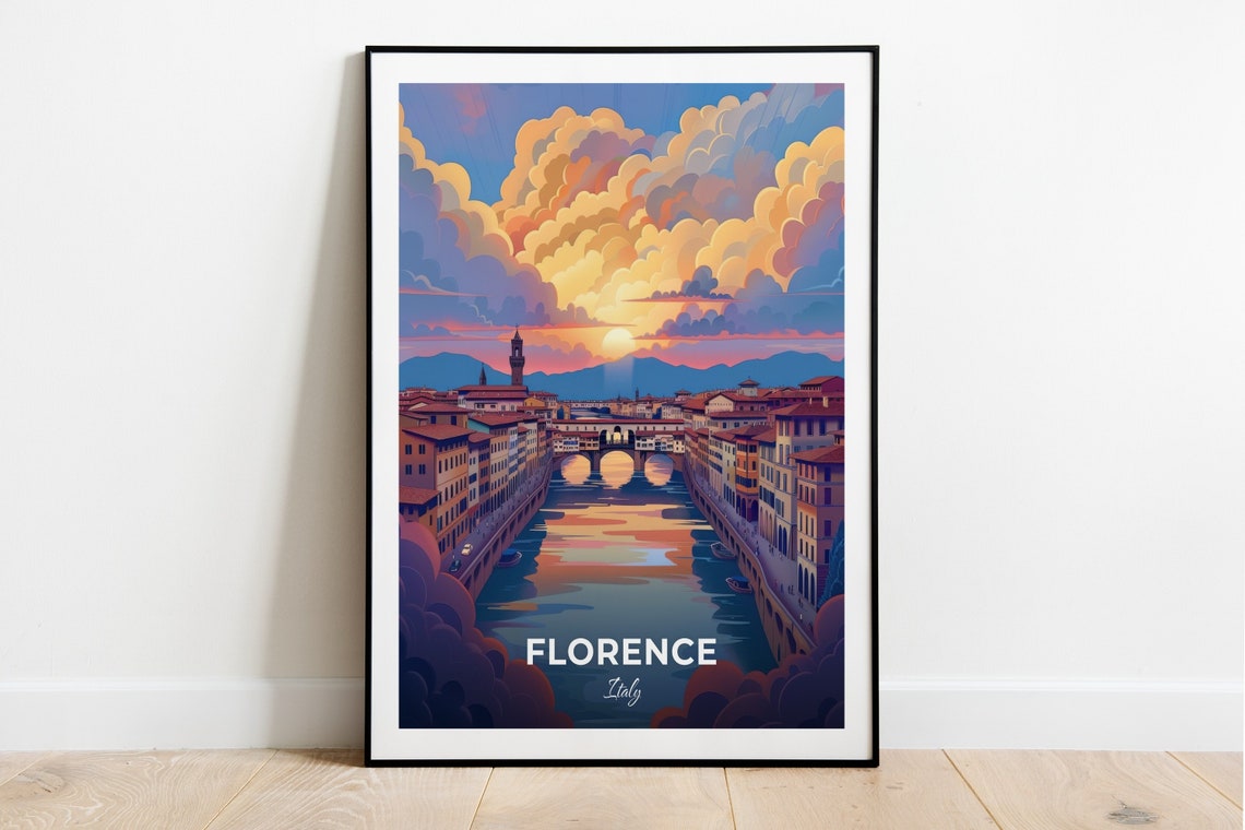 Florence Ponte Vecchio Arno River Sunset Glow Italy Travel Poster