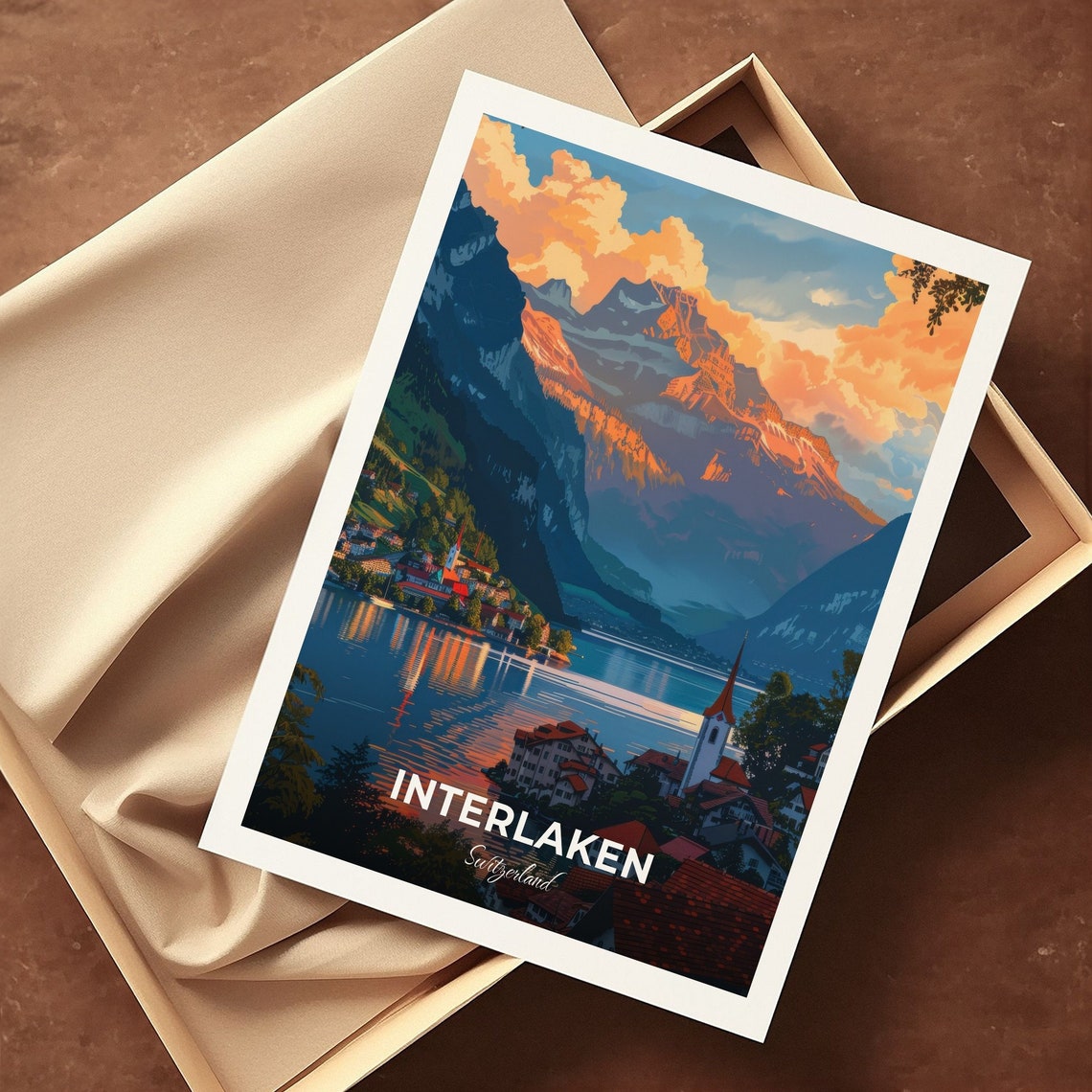 Interlaken Switzerland Travel Poster Sunset Lake Alpine Town Artwork - Image 3