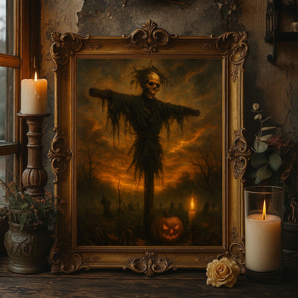 Haunted Scarecrow Wall Art Gothic Skull Halloween Decor Creepy Pumpkin Graveyard Dark Horror Artwork